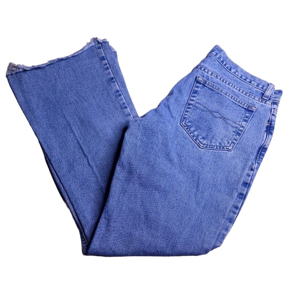 Vintage Curfew Womens Flare Jeans 11 Medium Wash Mid Rise Raw Hem Juniors
